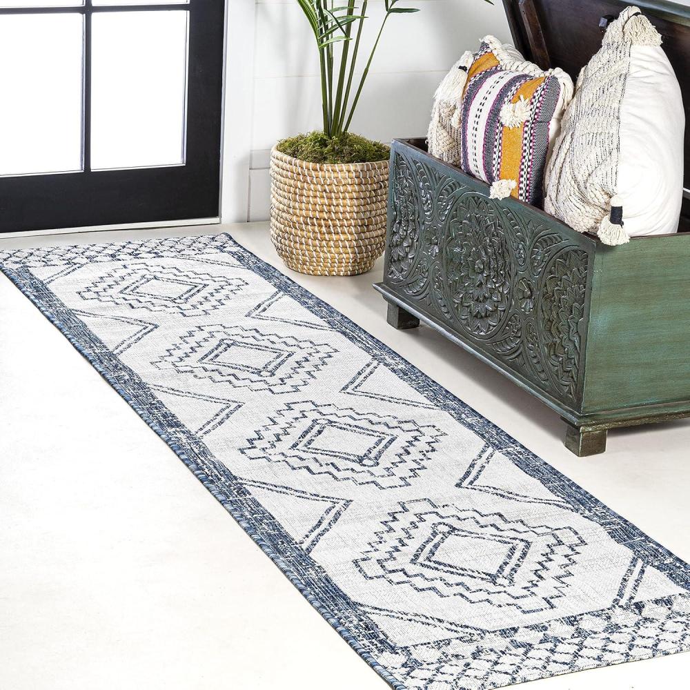 imageJONATHAN Y Diamond Tribal Medallion Indoor Outdoor Runner Rug 2X8 BlackIvory Marokko for Backyard Patio Porch EasyCleaning High Traffic PetFriendly NonShedding SMB127F28IvoryBlue