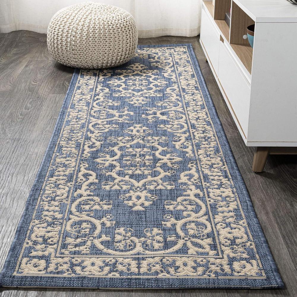 imageJONATHAN Y Filigree Indoor Outdoor Runner Rug 2X8 TealIvory Galon for Backyard Patio Porch EasyCleaning High Traffic PetFriendly NonShedding SMB120B28BlueBeige