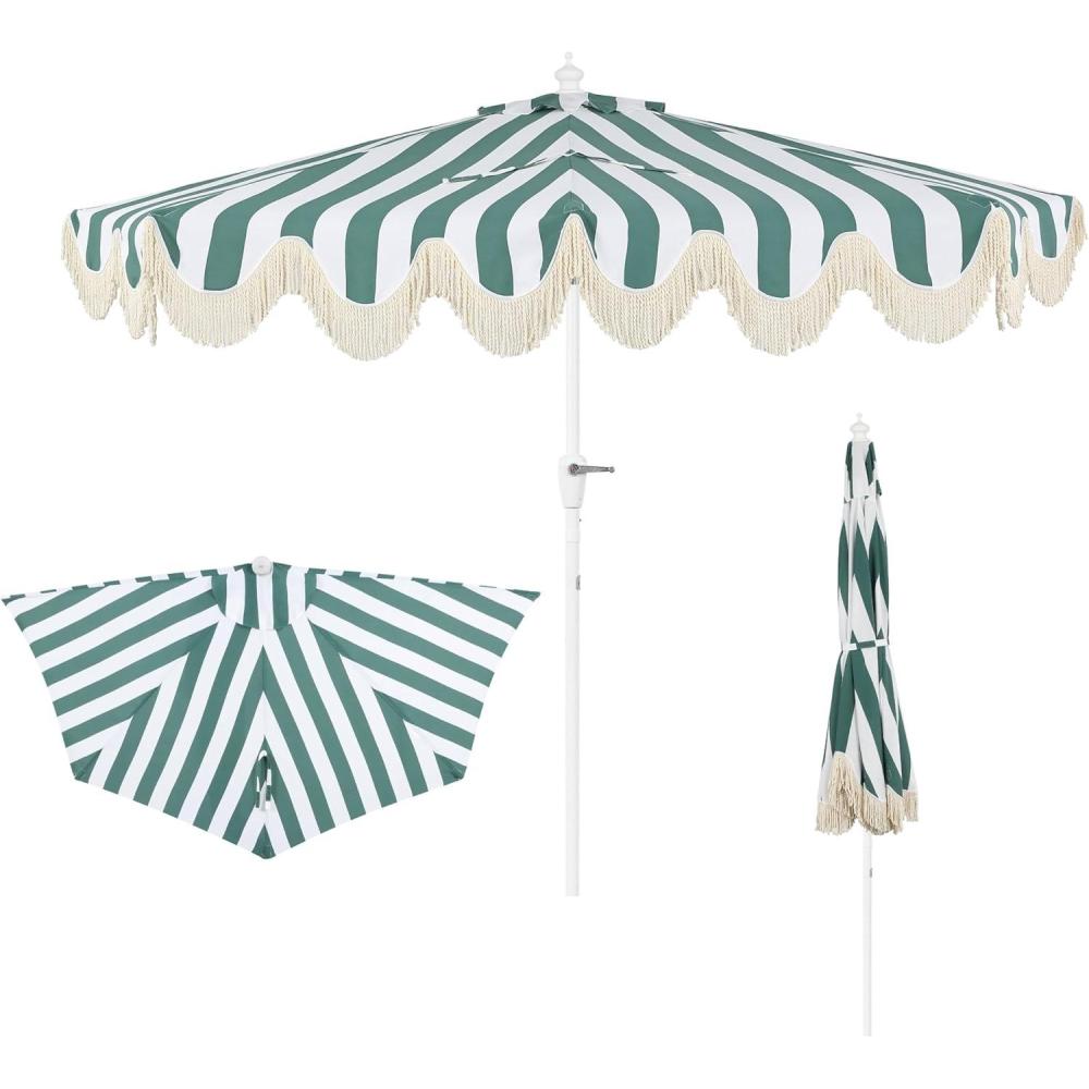 imageJONATHAN Y Half Umbrella UMB1201B Beverly 9 ft Designer Classic Scalloped Fringe Market Patio with Crank Push Button Tilt and UV Protection in NavyWhiteGreenWhite White Pole
