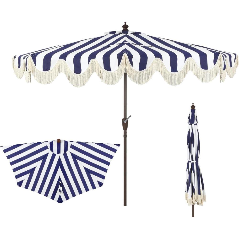 imageJONATHAN Y Half Umbrella UMB1201B Beverly 9 ft Designer Classic Scalloped Fringe Market Patio with Crank Push Button Tilt and UV Protection in NavyWhiteNavyWhite