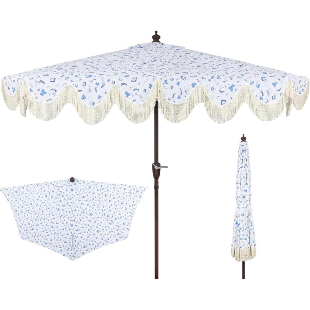 imageJONATHAN Y Half Umbrella UMB1201B Beverly 9 ft Designer Classic Scalloped Fringe Market Patio with Crank Push Button Tilt and UV Protection in NavyWhiteBlueWhite