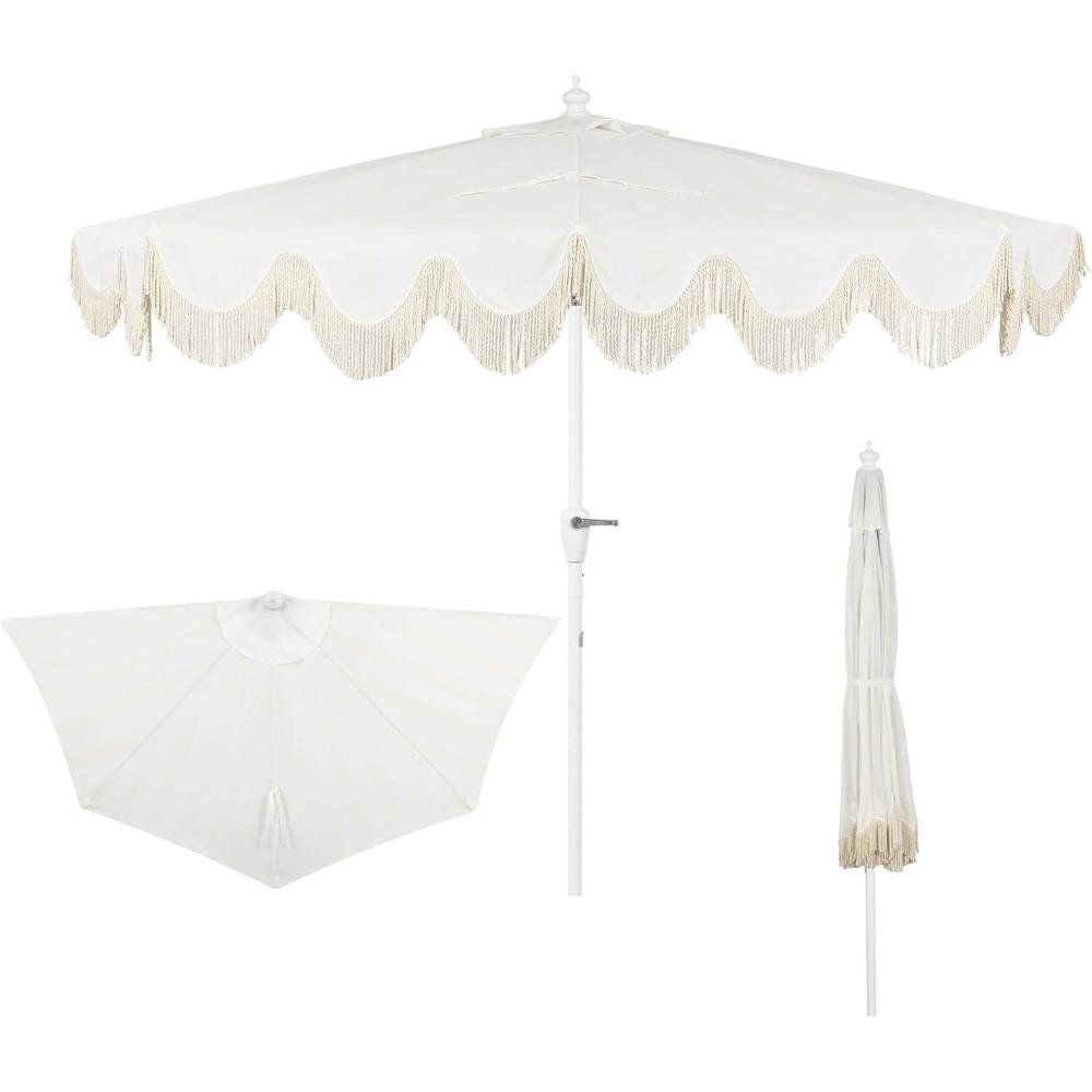 imageJONATHAN Y Half Umbrella UMB1201B Beverly 9 ft Designer Classic Scalloped Fringe Market Patio with Crank Push Button Tilt and UV Protection in NavyWhiteCreamWhite White Pole