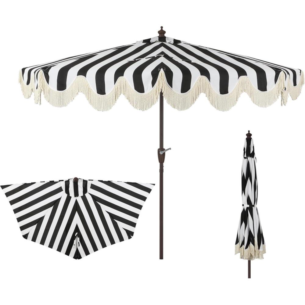 imageJONATHAN Y Half Umbrella UMB1201B Beverly 9 ft Designer Classic Scalloped Fringe Market Patio with Crank Push Button Tilt and UV Protection in NavyWhiteBlackWhite