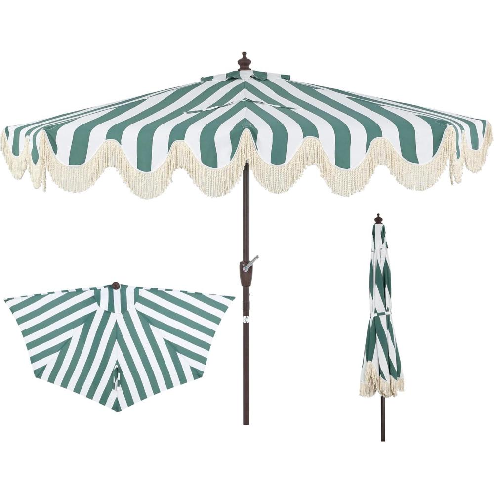 imageJONATHAN Y Half Umbrella UMB1201B Beverly 9 ft Designer Classic Scalloped Fringe Market Patio with Crank Push Button Tilt and UV Protection in NavyWhiteGreenWhite