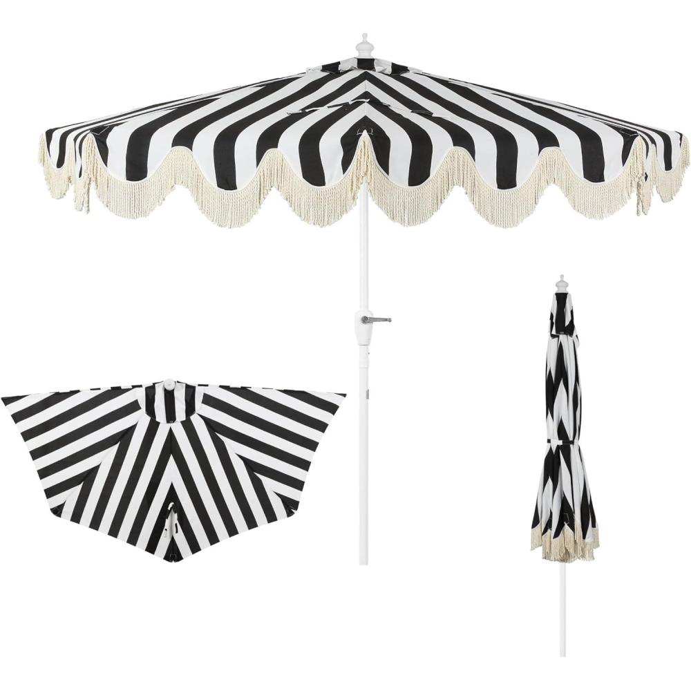 imageJONATHAN Y Half Umbrella UMB1201B Beverly 9 ft Designer Classic Scalloped Fringe Market Patio with Crank Push Button Tilt and UV Protection in NavyWhiteBlackWhite White Pole