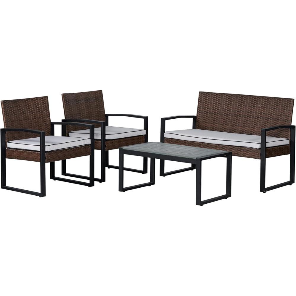 imageJONATHAN Y LVG1102A4SET Elina 4Piece Modern Coastal Faux Wicker Conversation Outdoor Patio Set MidCentury Classic Contemporary Traditional Minimalist WhiteGrayWhiteBlack