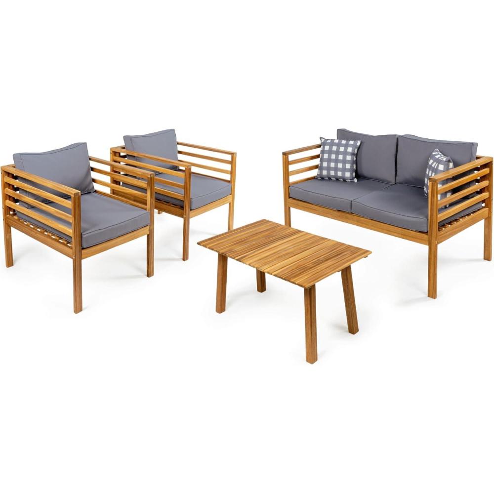 imageJONATHAN Y LVG1200B4SET Thom 4Piece MidCentury Modern Acacia Wood Outdoor Patio Set with Cushions and Plaid Decorative Pillows Classic Industrial Scandinavian Bohemian BeigeTeak BrownGrayTeak Brown