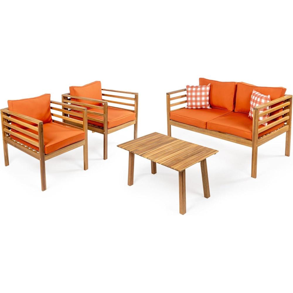 imageJONATHAN Y LVG1200B4SET Thom 4Piece MidCentury Modern Acacia Wood Outdoor Patio Set with Cushions and Plaid Decorative Pillows Classic Industrial Scandinavian Bohemian BeigeTeak BrownOrangeTeak Brown