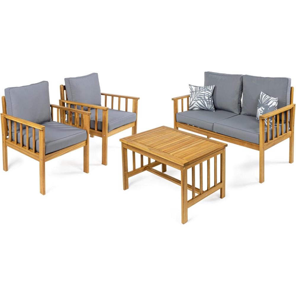 imageJONATHAN Y LVG1201A4SET Everly 4Piece Modern Cottage Acacia Wood Outdoor Patio Set with Cushions and Tropical Decorative Pillows Classic Coastal Traditional Vintage MidCentury GrayTeak BrownGrayTeak Brown