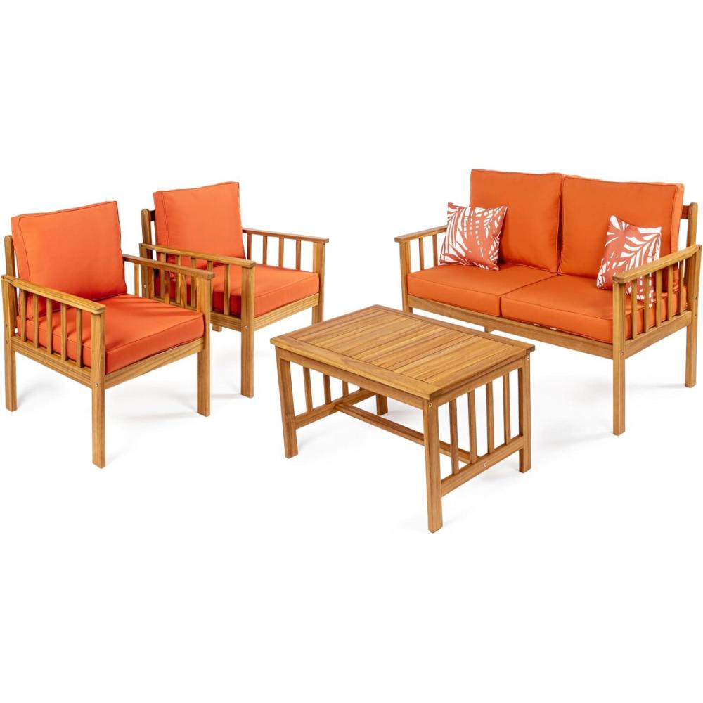 imageJONATHAN Y LVG1201A4SET Everly 4Piece Modern Cottage Acacia Wood Outdoor Patio Set with Cushions and Tropical Decorative Pillows Classic Coastal Traditional Vintage MidCentury GrayTeak BrownOrangeTeak Brown