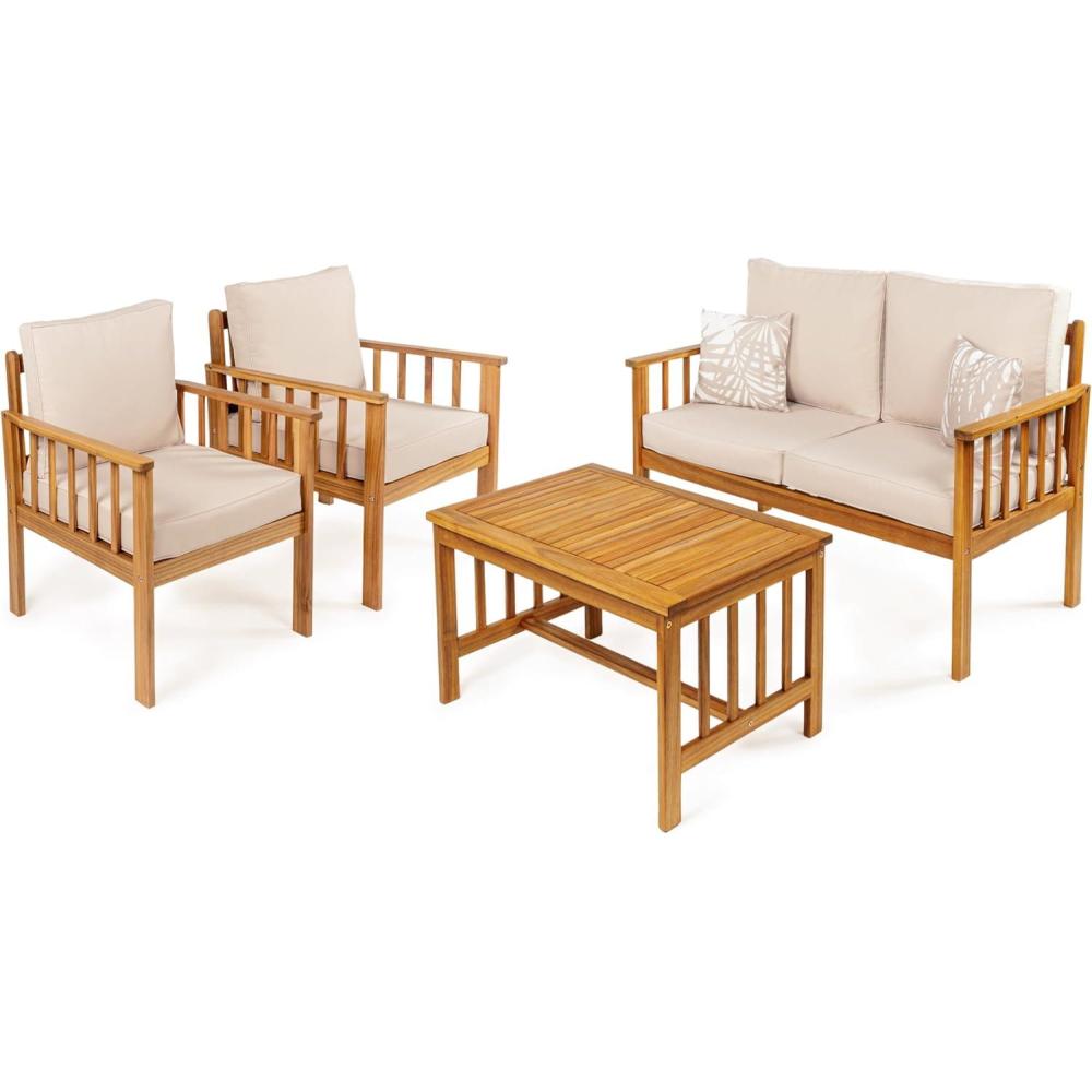 imageJONATHAN Y LVG1201A4SET Everly 4Piece Modern Cottage Acacia Wood Outdoor Patio Set with Cushions and Tropical Decorative Pillows Classic Coastal Traditional Vintage MidCentury GrayTeak BrownBeigeTeak Brown