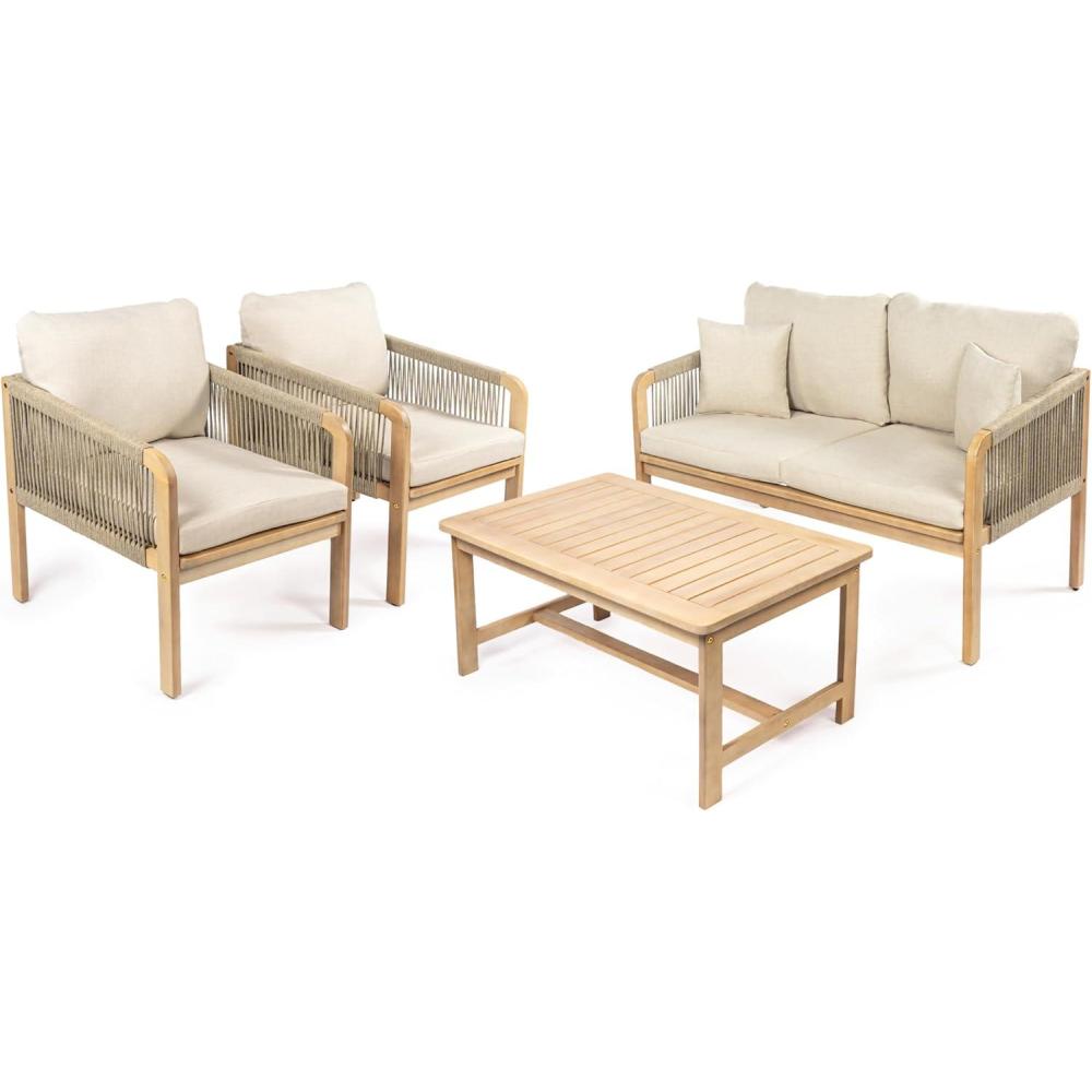 imageJONATHAN Y LVG1202A4SET Tavira 4Piece Modern Bohemian Acacia Wood Outdoor Patio Set with Cushions and Plain Decorative Pillows Coastal Contemporary Transitional Rustic Cottage BeigeLight TeakBeigeLight Teak