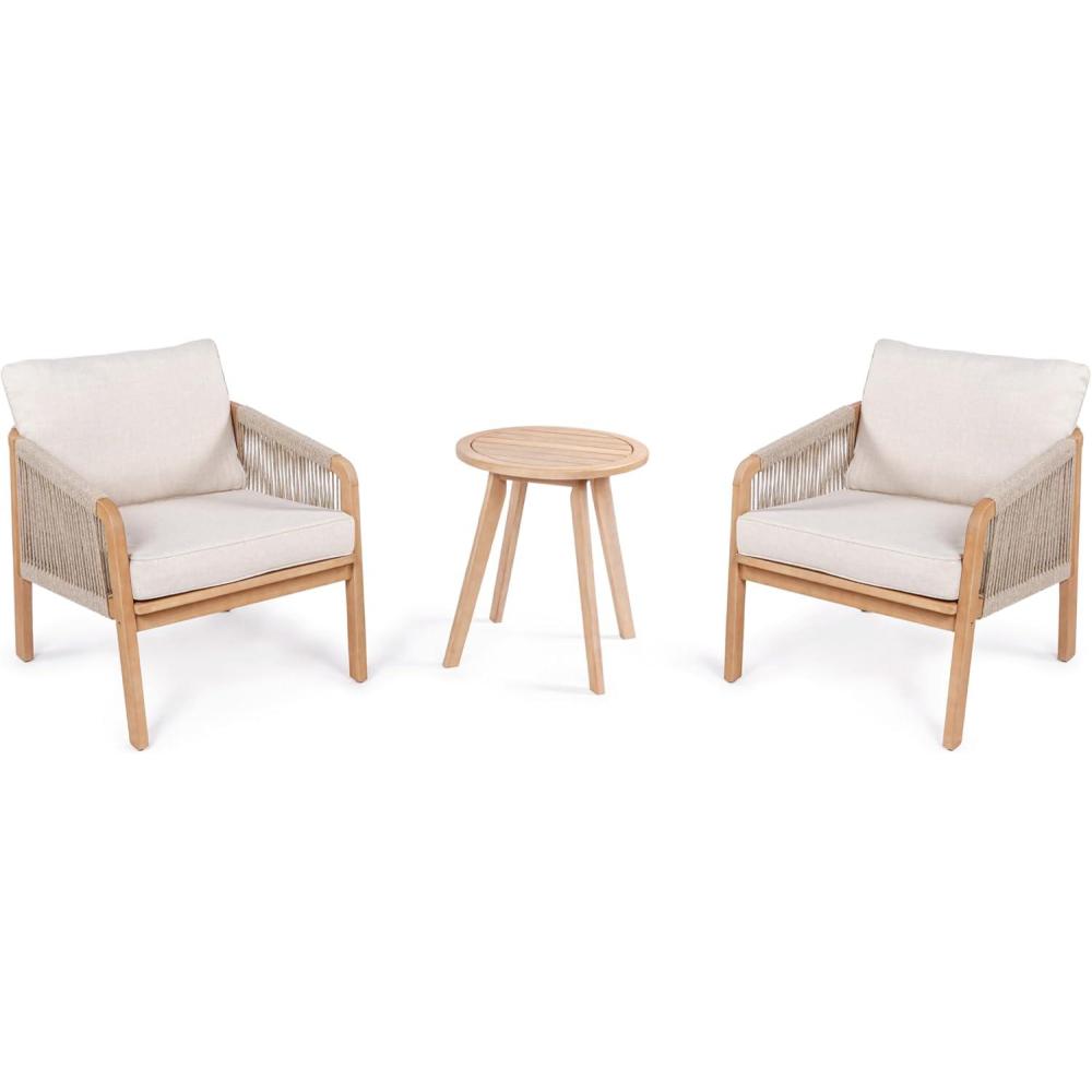 imageJONATHAN Y LVG1203A3SET Aveiro 3Piece Modern Bohemian Roped Acacia Wood Conversation Outdoor Patio Set with Cushions Coastal Contemporary Transitional Rustic Cottage BeigeLight TeakBeigeLight Teak