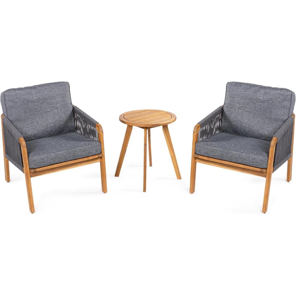 imageJONATHAN Y LVG1203A3SET Aveiro 3Piece Modern Bohemian Roped Acacia Wood Conversation Outdoor Patio Set with Cushions Coastal Contemporary Transitional Rustic Cottage BeigeLight TeakCottage GrayTeak Brown