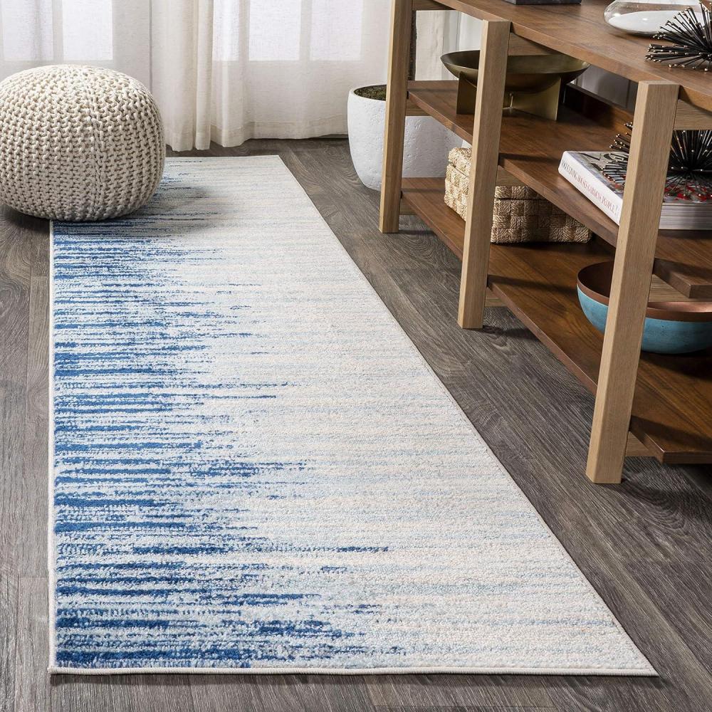 imageJONATHAN Y Linear Modern HalfStripe BlueCream Runner Rug 2x8 Contemporary Transitional EasyCleaning for Living Room Bedroom Kitchen Pet Friendly NonShedding CTP112A28BlueCream