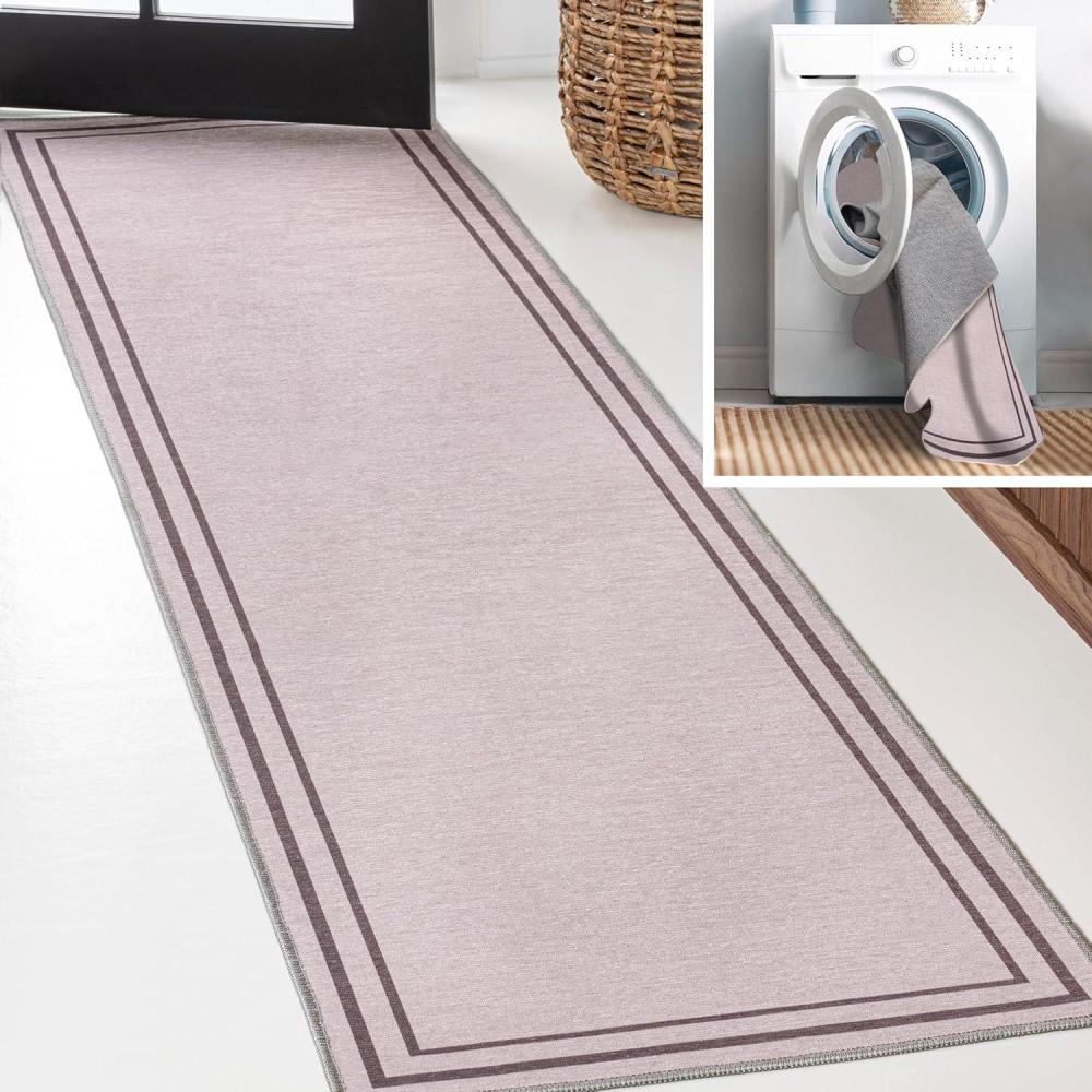 imageJONATHAN Y Machine Washable WhiteGray Indoor Area Rug 8X10 ft Sloane Classic 2Stripe Border for Living Room Bedroom Kitchen Office EasyCleaning PetFriendly NonShedding WSH125B8Light PurpleDark Purple