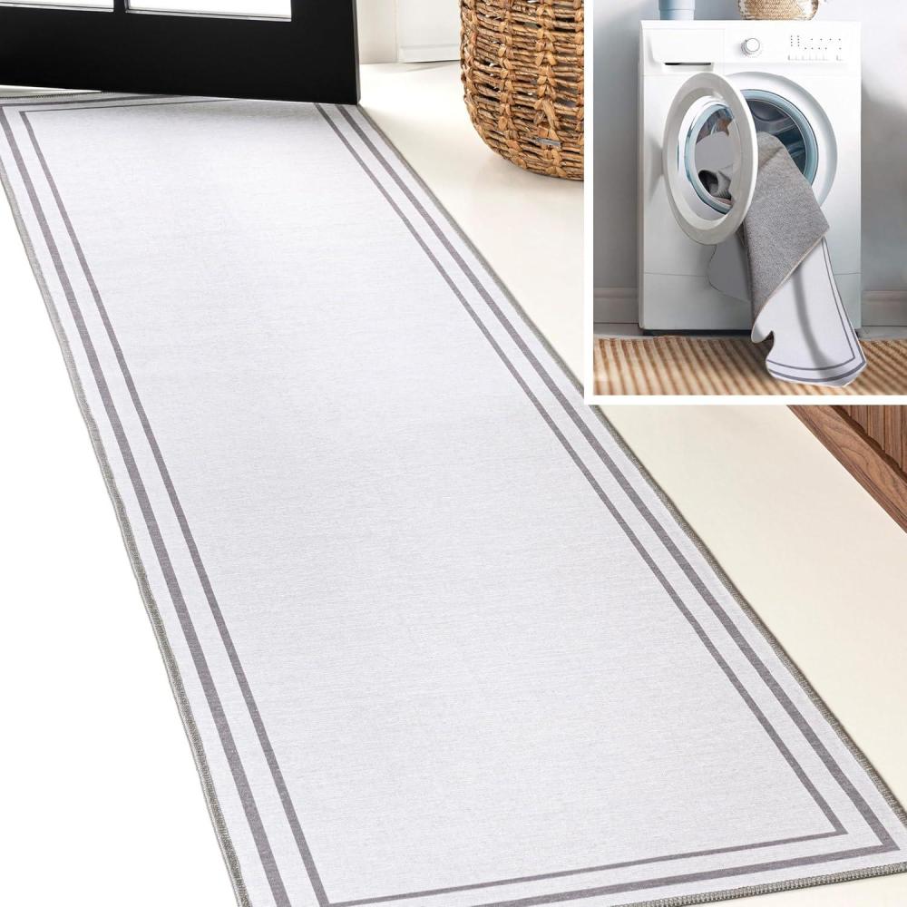 imageJONATHAN Y Machine Washable WhiteGray Indoor Area Rug 8X10 ft Sloane Classic 2Stripe Border for Living Room Bedroom Kitchen Office EasyCleaning PetFriendly NonShedding WSH125B8WhiteGray