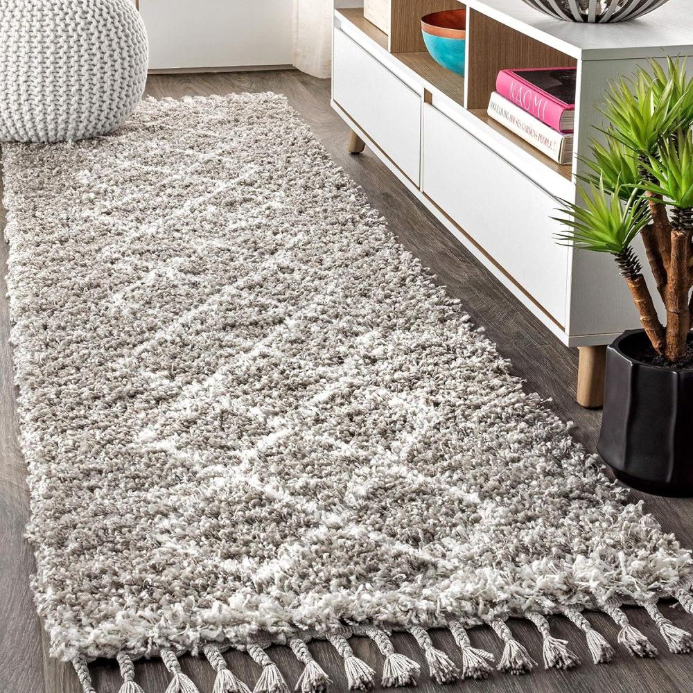 imageJONATHAN Y Mercer Shag Plush Tassel Denim BlueCream Runner Rug 2x8 Moroccan Geometric Trellis Bohemian EasyCleaning for Living Room Bedroom Kitchen NonShedding MCR103A28Grey cream With Tassel