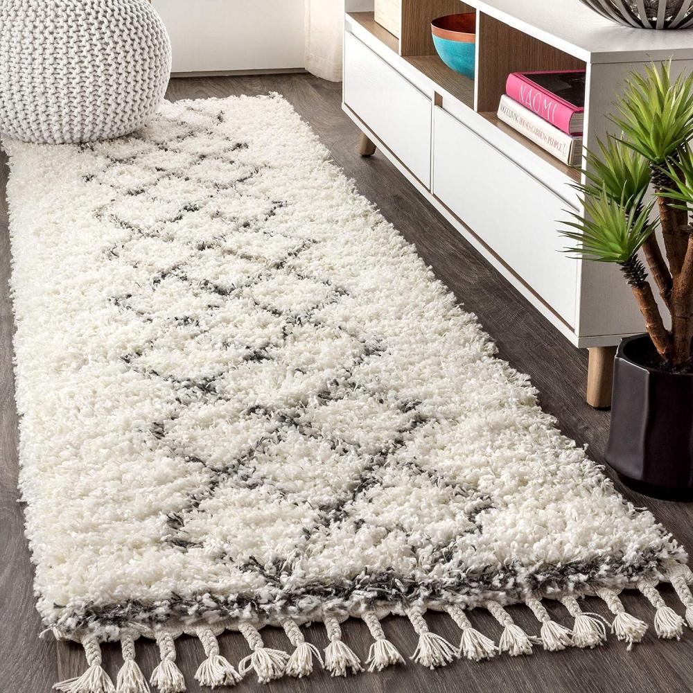 imageJONATHAN Y Mercer Shag Plush Tassel Denim BlueCream Runner Rug 2x8 Moroccan Geometric Trellis Bohemian EasyCleaning for Living Room Bedroom Kitchen NonShedding MCR103A28Cream grey With Tassel