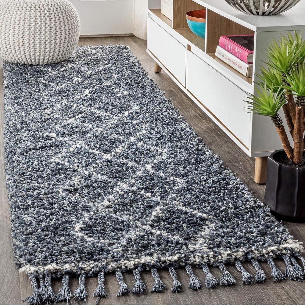 imageJONATHAN Y Mercer Shag Plush Tassel Denim BlueCream Runner Rug 2x8 Moroccan Geometric Trellis Bohemian EasyCleaning for Living Room Bedroom Kitchen NonShedding MCR103A28Denim Blue cream With Tassel