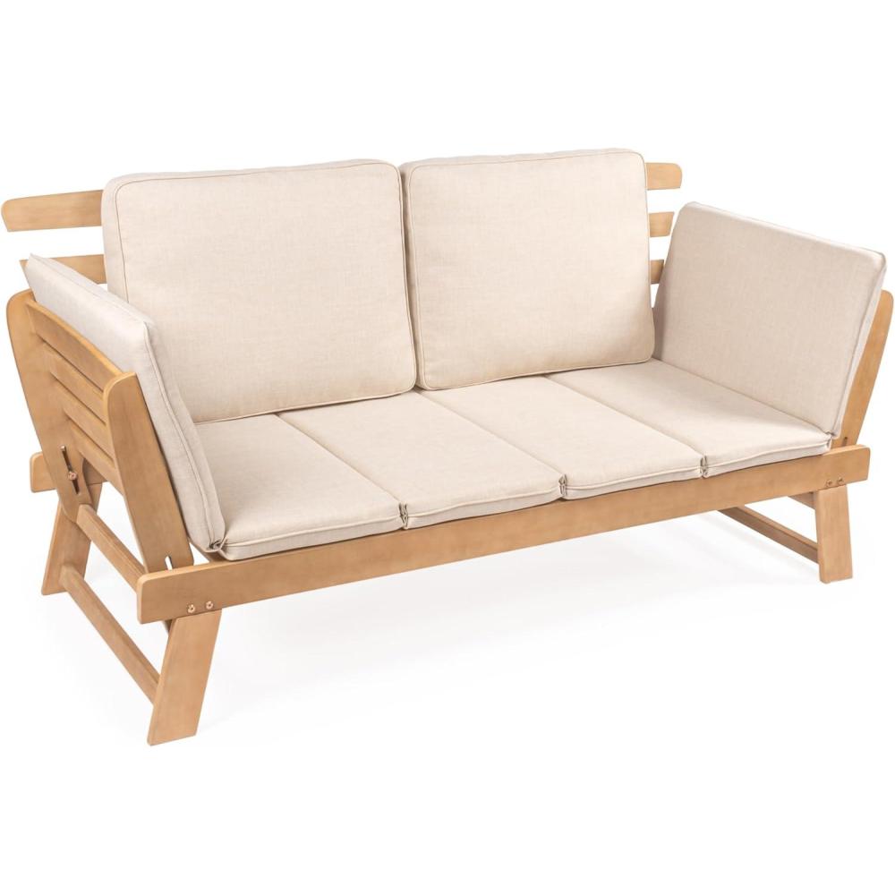 imageJONATHAN Y SFB1000A Hartley 2Seat Modern Scandinavian Folding Wood Outdoor Day Bed Sofa MidCentury Classic Transitional Industrial for Backyard Patio Porch BeigeLight Teak