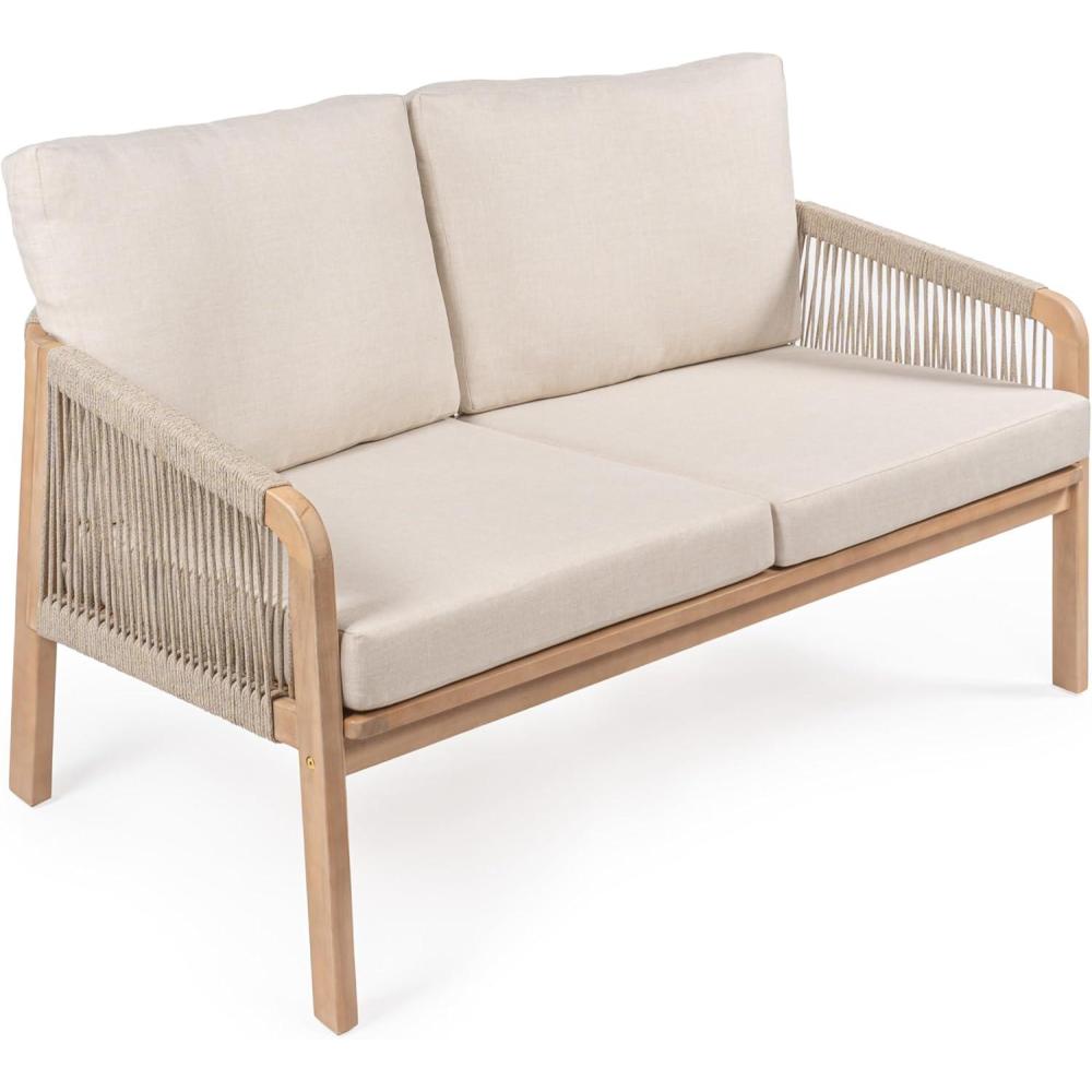 imageJONATHAN Y SFB1001A Arwen Modern Bohemian Roped Acacia Wood Outdoor Loveseat with Cushions Coastal Contemporary Transitional Rustic for Backyard Patio Porch BeigeLight TeakBeigeLight Teak