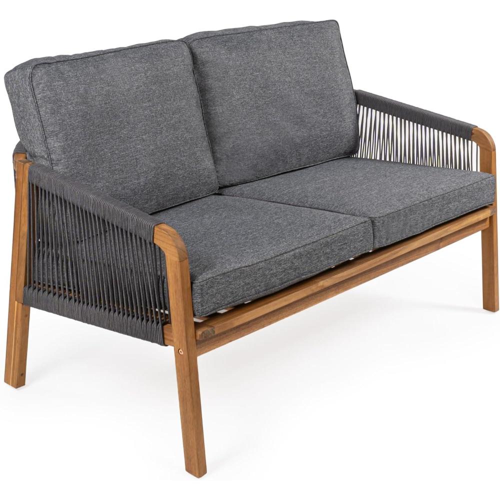 imageJONATHAN Y SFB1001A Arwen Modern Bohemian Roped Acacia Wood Outdoor Loveseat with Cushions Coastal Contemporary Transitional Rustic for Backyard Patio Porch BeigeLight TeakGrayTeak Brown