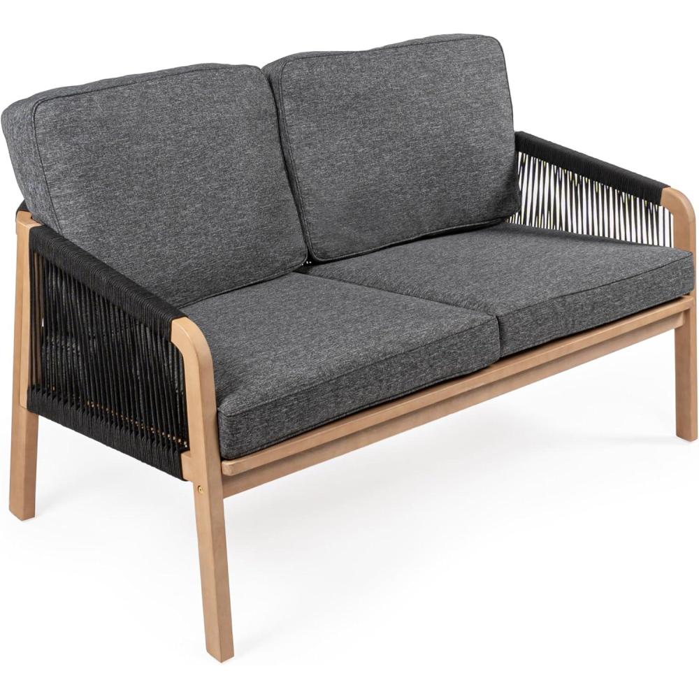 imageJONATHAN Y SFB1001A Arwen Modern Bohemian Roped Acacia Wood Outdoor Loveseat with Cushions Coastal Contemporary Transitional Rustic for Backyard Patio Porch BeigeLight TeakBlackLight Teak