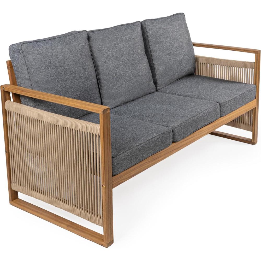 imageJONATHAN Y SFB1002A Gable 3Seat MidCentury Modern Roped Acacia Wood Outdoor Sofa with Cushions Scandinavian Classic Transitional Industrial for Backyard Patio Porch BeigeLight TeakGrayTeak Brown