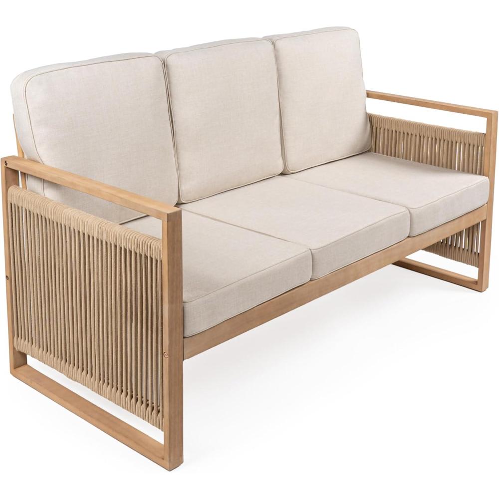 imageJONATHAN Y SFB1002A Gable 3Seat MidCentury Modern Roped Acacia Wood Outdoor Sofa with Cushions Scandinavian Classic Transitional Industrial for Backyard Patio Porch BeigeLight TeakBeigeLight Teak