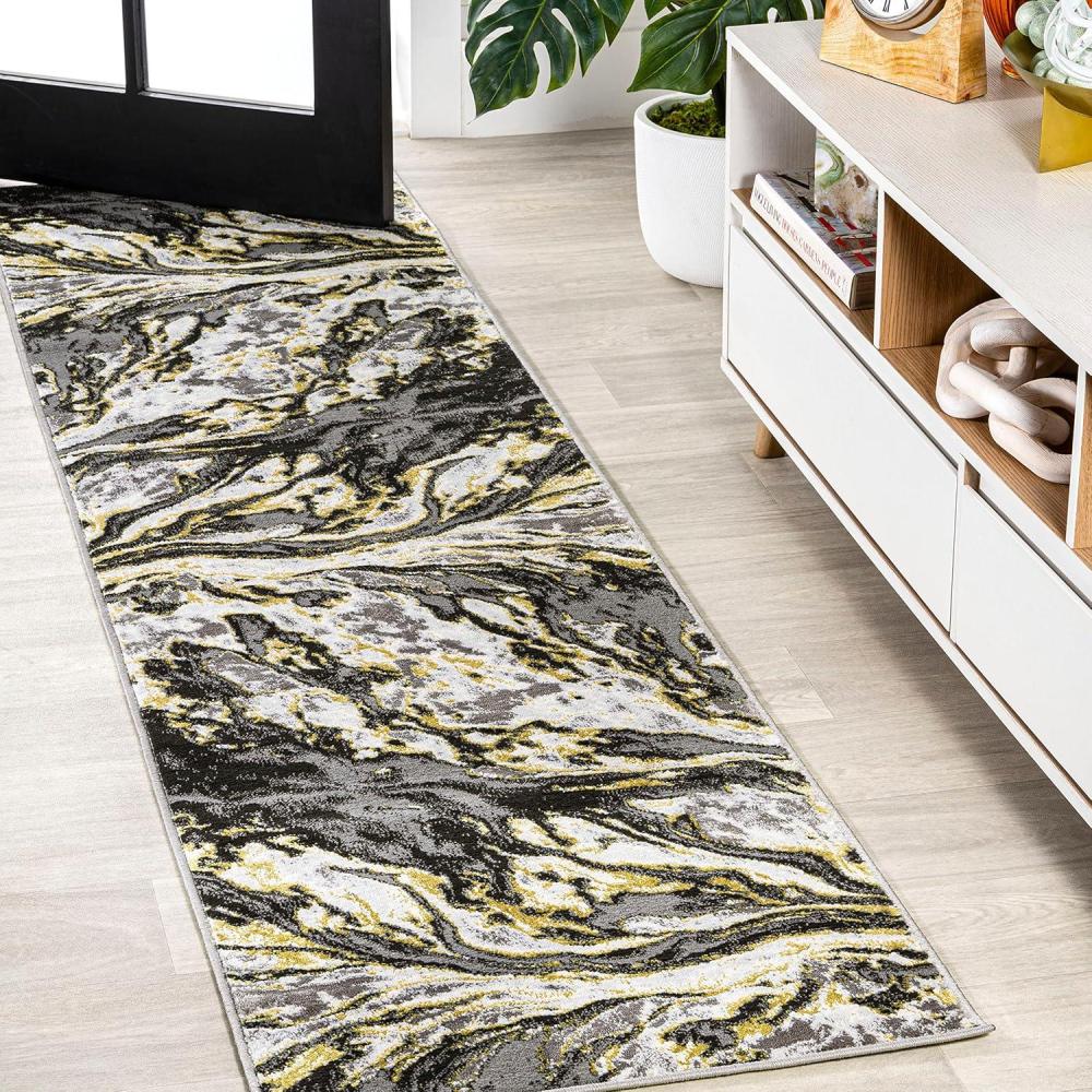 imageJONATHAN Y Swirl Marbled GrayBlack Runner Rug 2X8 ft Abstract for Living Room Bedroom Kitchen Office EasyCleaning High Traffic PetFriendly NonShedding SOR203C28BlackYellow