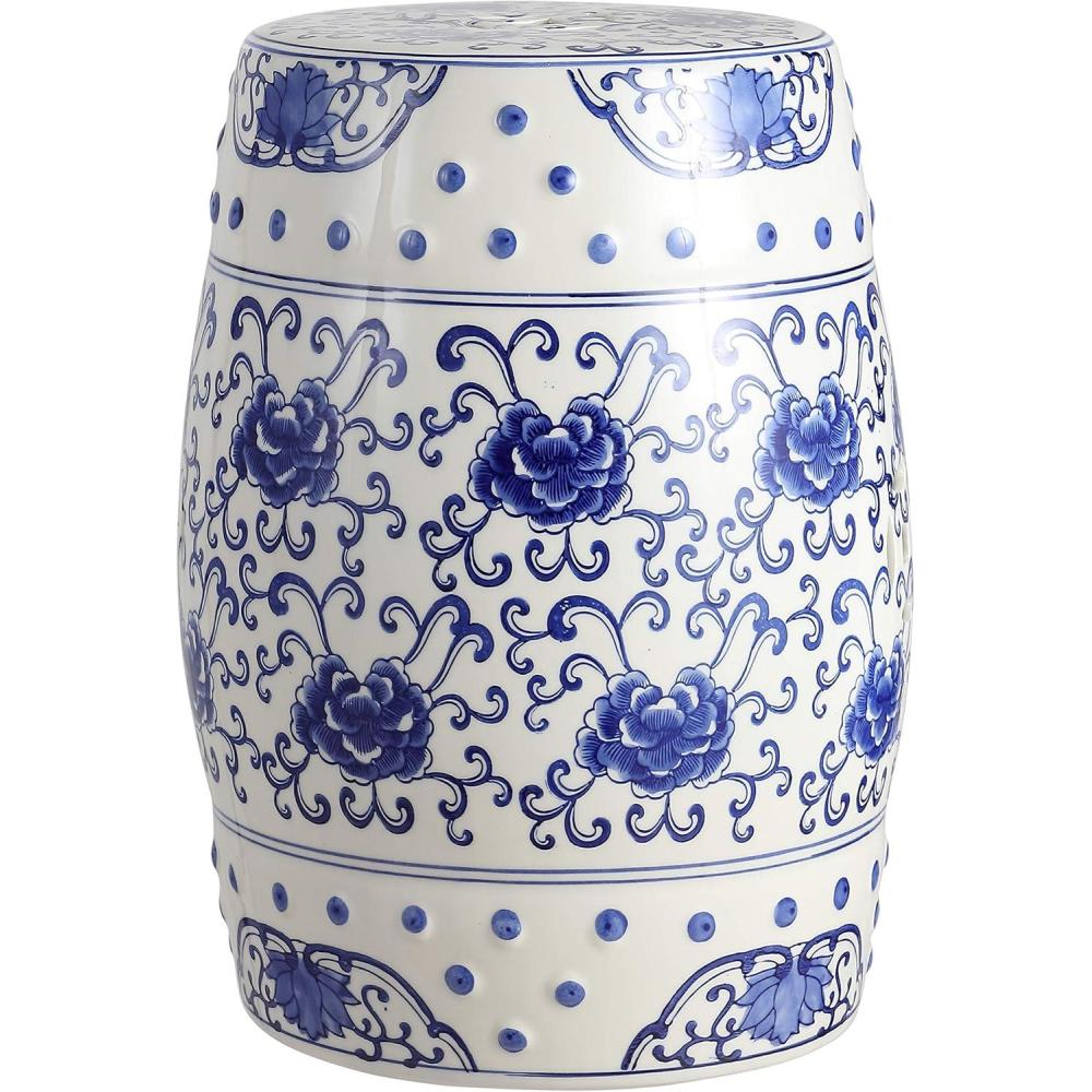 imageJONATHAN Y TBL1000A Lotus Flower 178quot Chinoiserie Ceramic Drum IndoorOutdoor Garden Stool Bohemian Coastal Classic Cottage French Country Traditional Bathroom Garden Room Patio BlueWhite