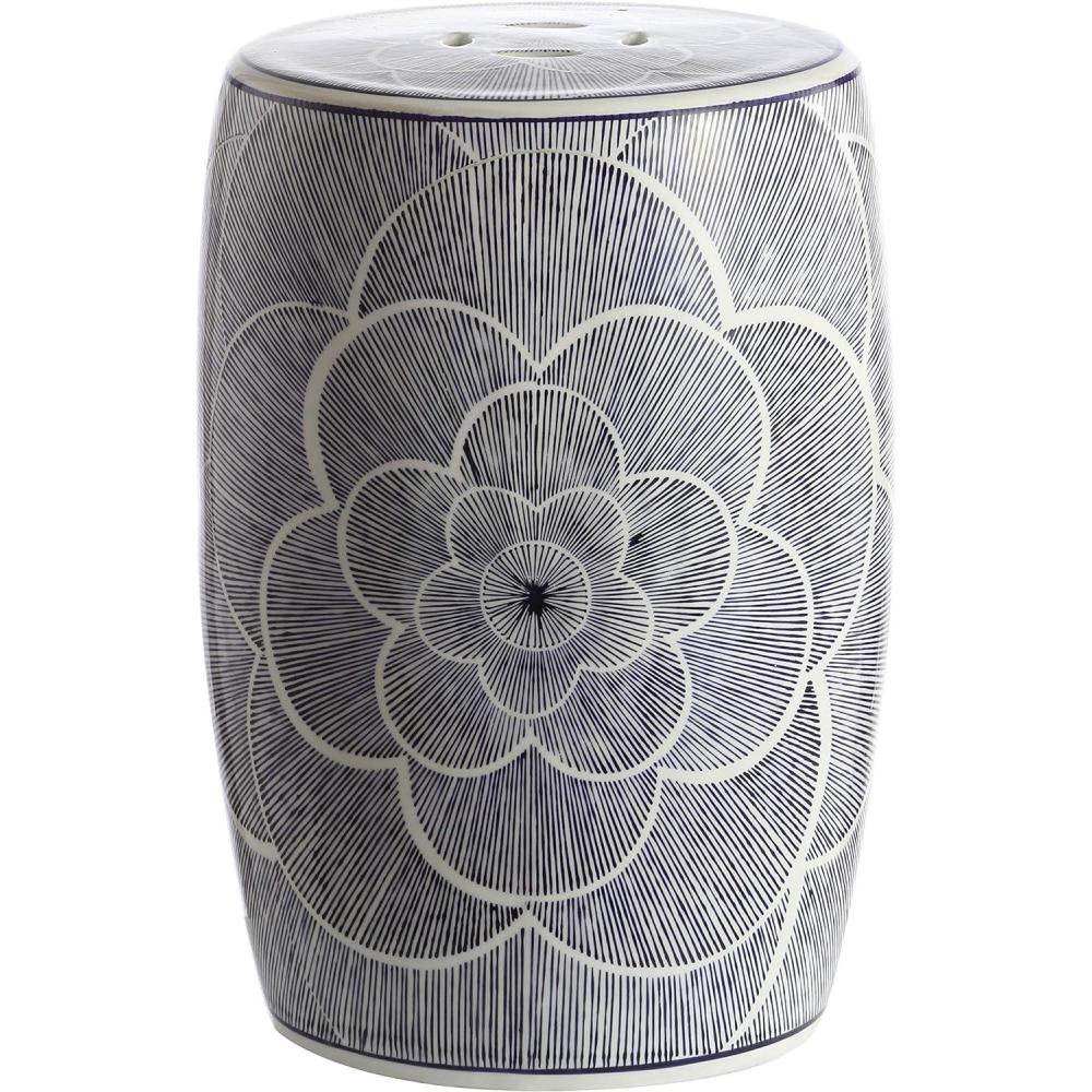 imageJONATHAN Y TBL1005A Camellia 17quot Ceramic Drum IndoorOutdoor Garden Stool Stylized Flower on White Background Coastal Contemporary Modern SpillProof Living Room Garden Room Patio Blue