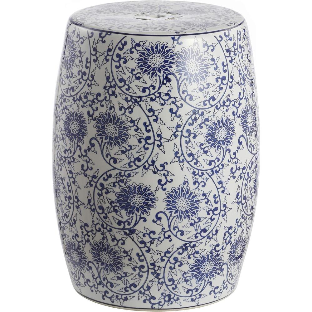 imageJONATHAN Y TBL1009A Lotus Blossom 175quot Chinoiserie Ceramic Drum IndoorOutdoor Garden Stool Bohemian Coastal Classic Cottage French Country Traditional Bathroom Garden Room Patio BlueWhiteGarden Stool