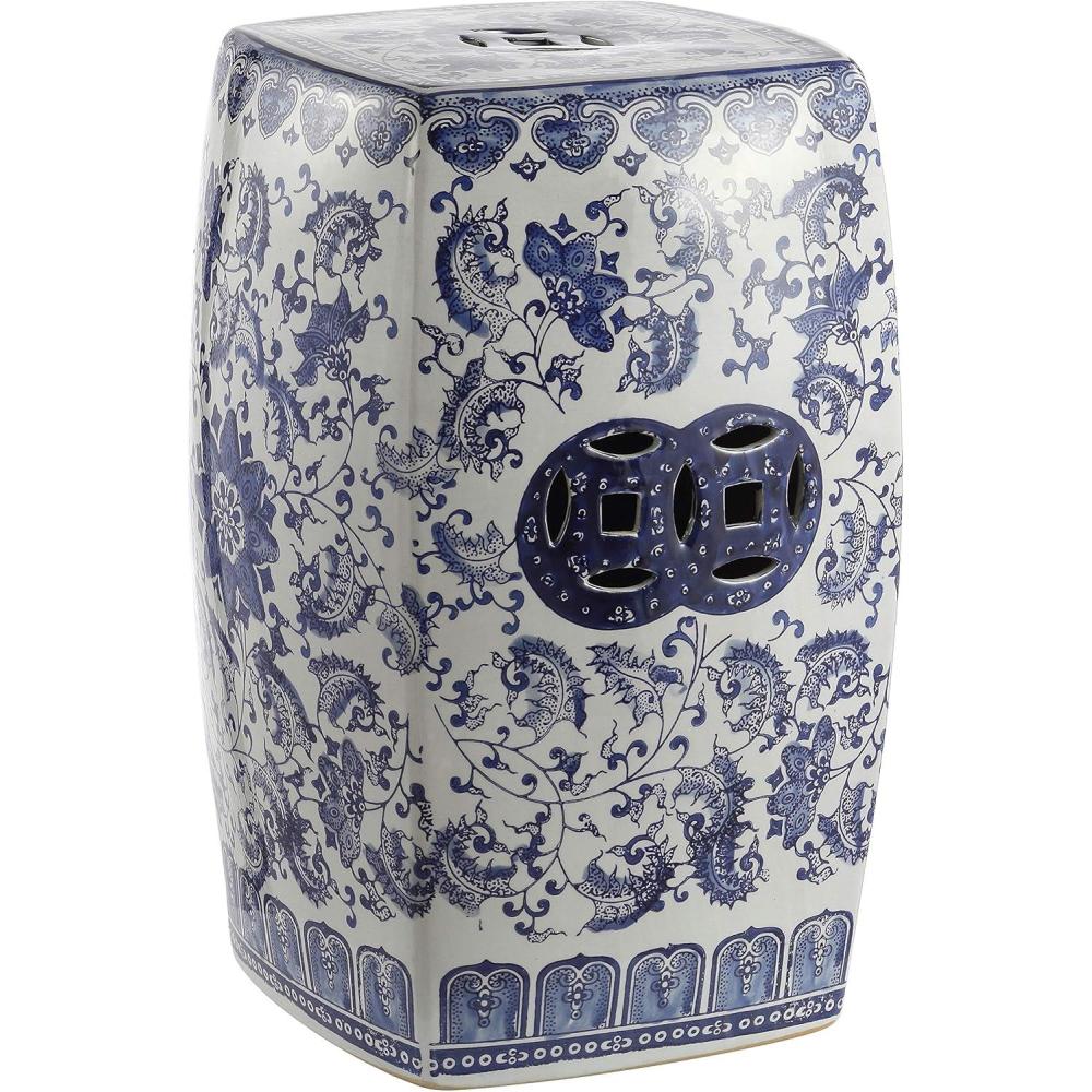 imageJONATHAN Y TBL1011A Floral Vine 185quot Chinoiserie Ceramice Square IndoorOutdoor Garden Stool Bohemian Coastal Classic Cottage French Country Traditional Bathroom Garden Room Patio BlueWhite