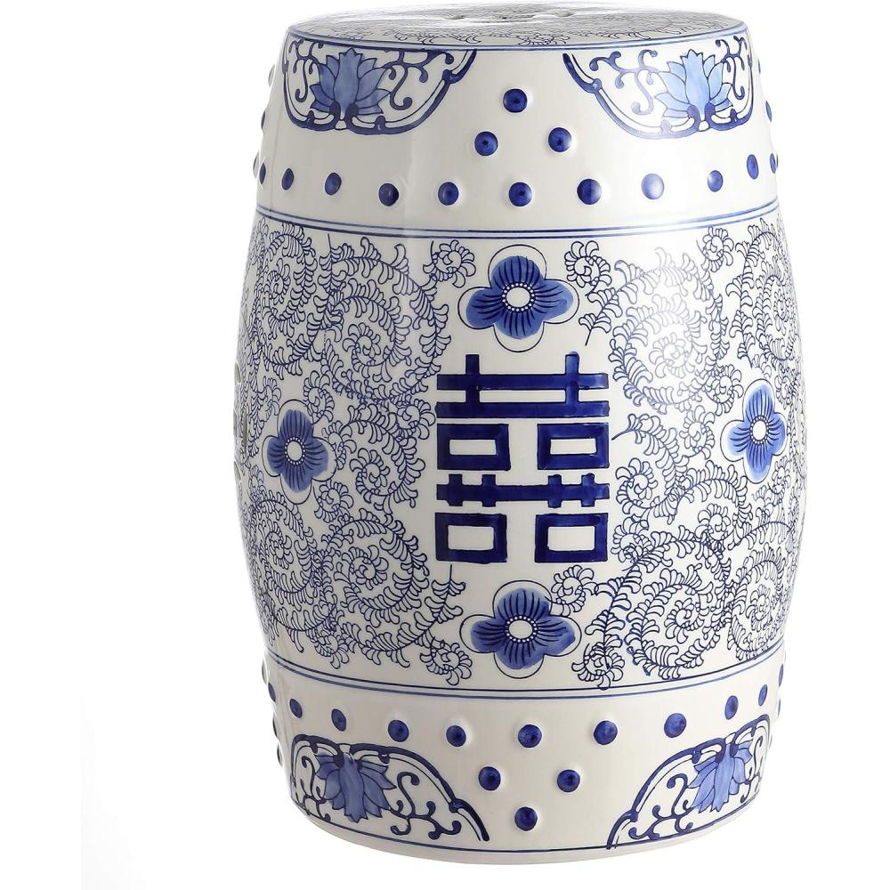 imageJONATHAN Y TBL1013A Double Happiness 18quot Chinoiserie Ceramic Drum IndoorOutdoor Garden Stool Bohemian Coastal Classic Cottage French Country Traditional Bathroom Garden Room Patio BlueWhite