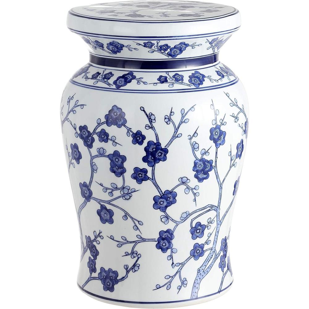 imageJONATHAN Y TBL1016A Cherry Blossom 177quot Ceramic IndoorOutdoor Garden Stool Coastal Contemporary Chinese Porcelain Side Table Plant Stand SpillProof Living Room Garden RoomPatio WhiteBlueWhiteBlue