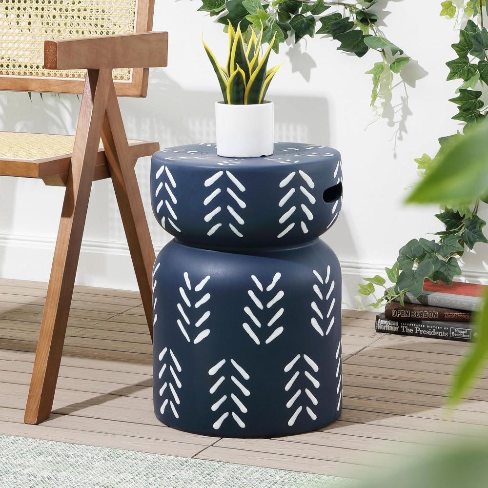 imageJONATHAN Y TBL1029A Kiri 18quot Modern Bohemian Arrow Pattern Drum IndoorOutdoor Garden Stool NavyWhite