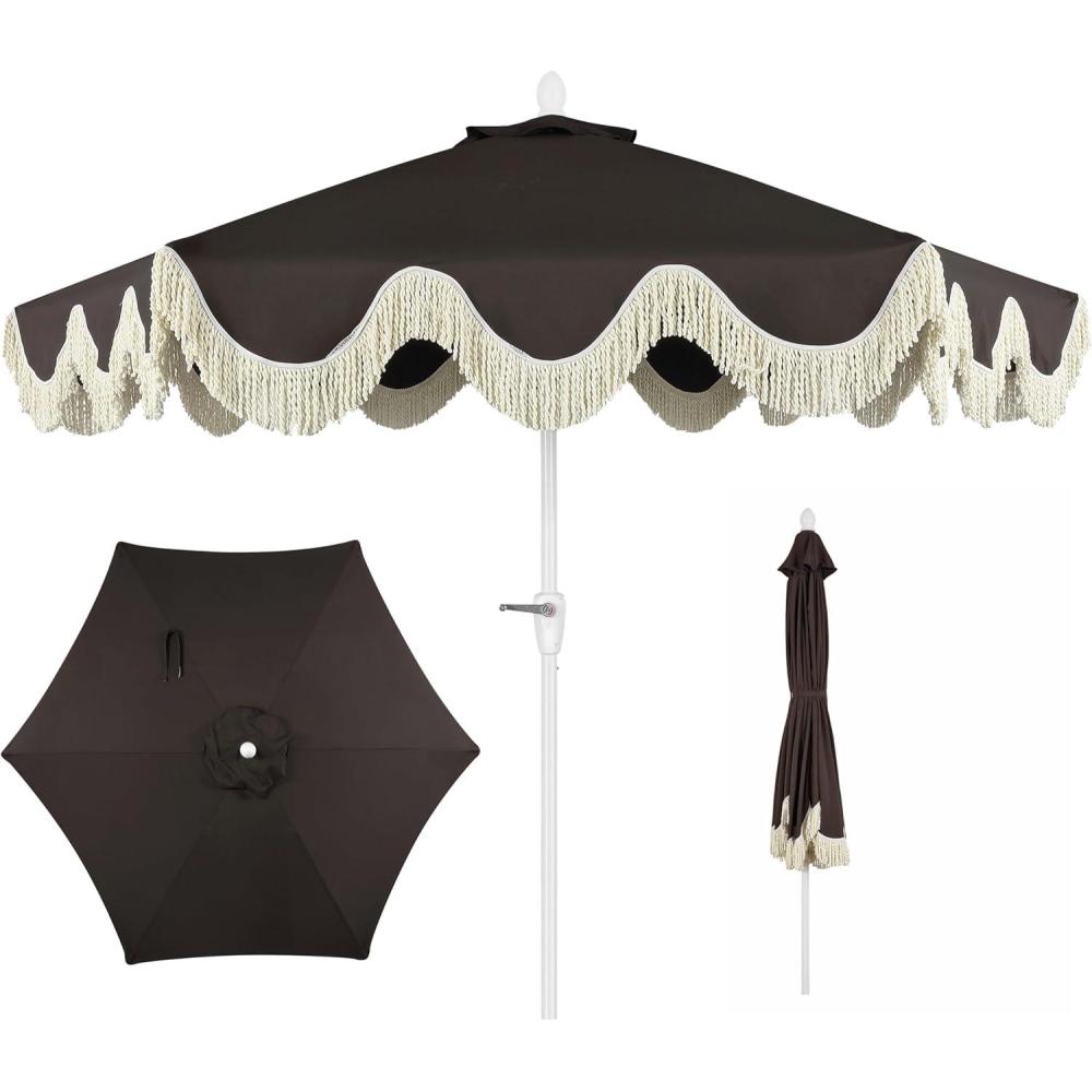 imageJONATHAN Y UMB1001 Collins 9 ft Classic Cottage Tassel Market Patio Umbrella with AutoTilt Crank Wind Vent and UV ProtectionBlackCream