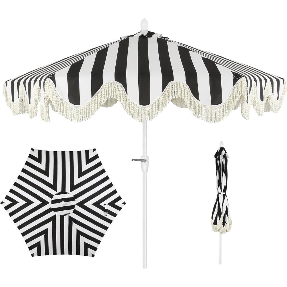 imageJONATHAN Y UMB1001 Collins 9 ft Classic Cottage Tassel Market Patio Umbrella with AutoTilt Crank Wind Vent and UV ProtectionBlackWhiteCream
