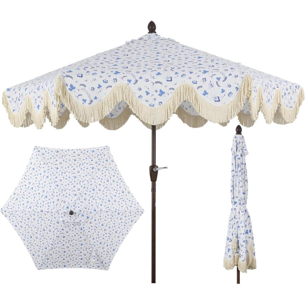 imageJONATHAN Y UMB1001 Collins 9 ft Classic Cottage Tassel Market Patio Umbrella with AutoTilt Crank Wind Vent and UV ProtectionBlueWhiteCream