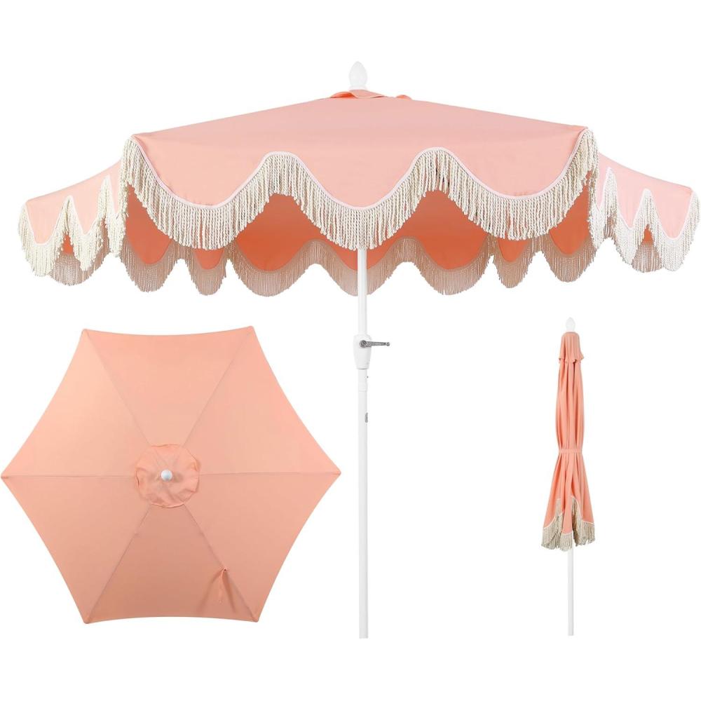 imageJONATHAN Y UMB1001 Collins 9 ft Classic Cottage Tassel Market Patio Umbrella with AutoTilt Crank Wind Vent and UV ProtectionCoral Pink White Pole