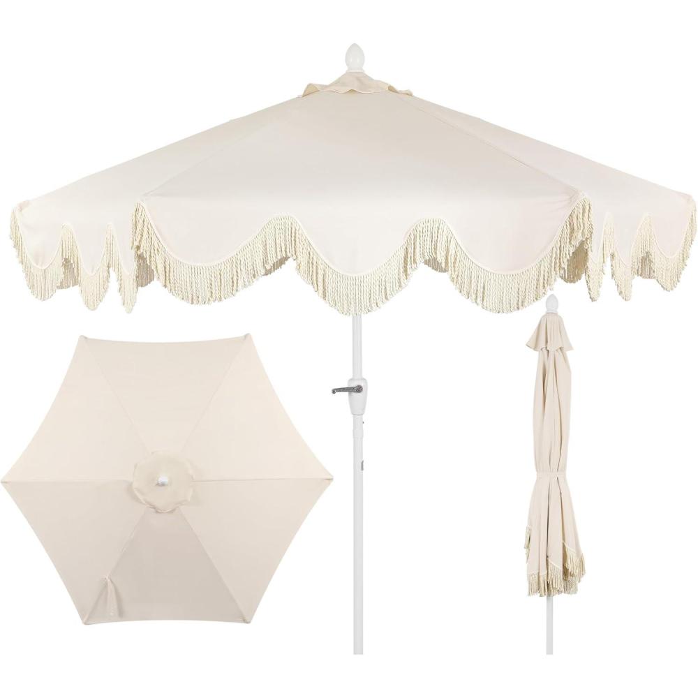 imageJONATHAN Y UMB1001 Collins 9 ft Classic Cottage Tassel Market Patio Umbrella with AutoTilt Crank Wind Vent and UV ProtectionCreamCream