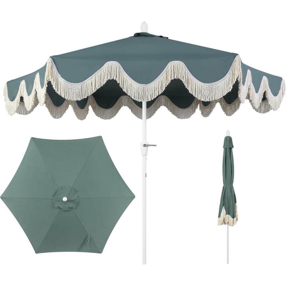 imageJONATHAN Y UMB1001 Collins 9 ft Classic Cottage Tassel Market Patio Umbrella with AutoTilt Crank Wind Vent and UV ProtectionGreen White Pole