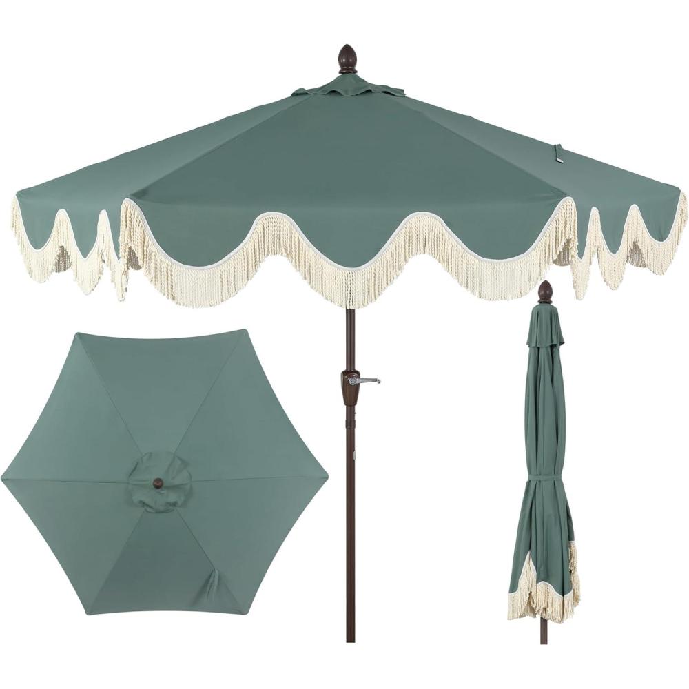 imageJONATHAN Y UMB1001 Collins 9 ft Classic Cottage Tassel Market Patio Umbrella with AutoTilt Crank Wind Vent and UV ProtectionGreenCream
