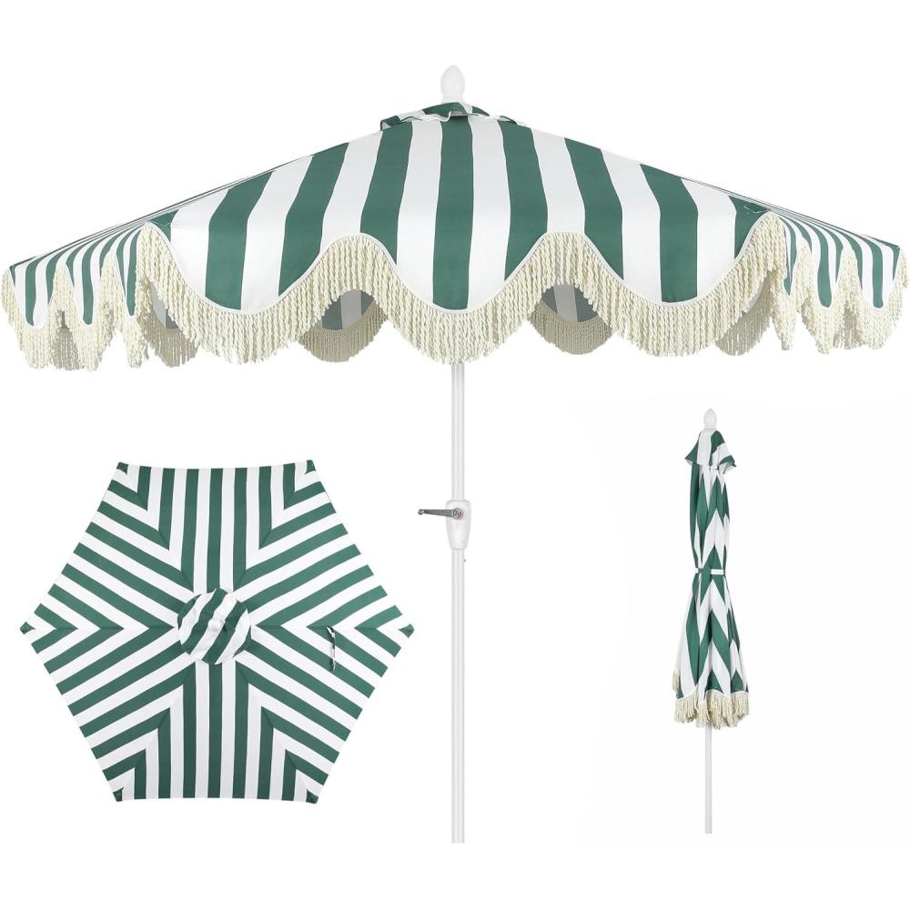 imageJONATHAN Y UMB1001 Collins 9 ft Classic Cottage Tassel Market Patio Umbrella with AutoTilt Crank Wind Vent and UV ProtectionGreenWhiteCream