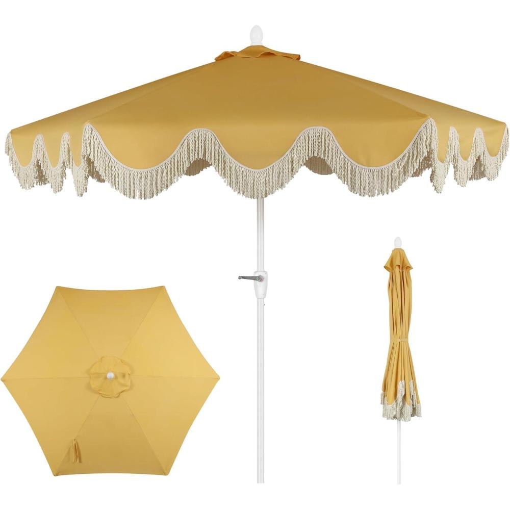 imageJONATHAN Y UMB1001 Collins 9 ft Classic Cottage Tassel Market Patio Umbrella with AutoTilt Crank Wind Vent and UV ProtectionMustard YellowCream