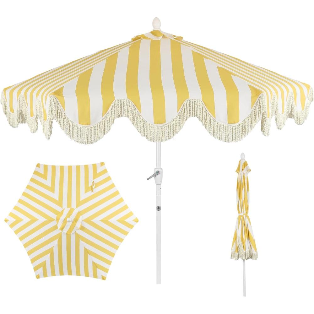 imageJONATHAN Y UMB1001 Collins 9 ft Classic Cottage Tassel Market Patio Umbrella with AutoTilt Crank Wind Vent and UV ProtectionMustard YellowWhiteCream