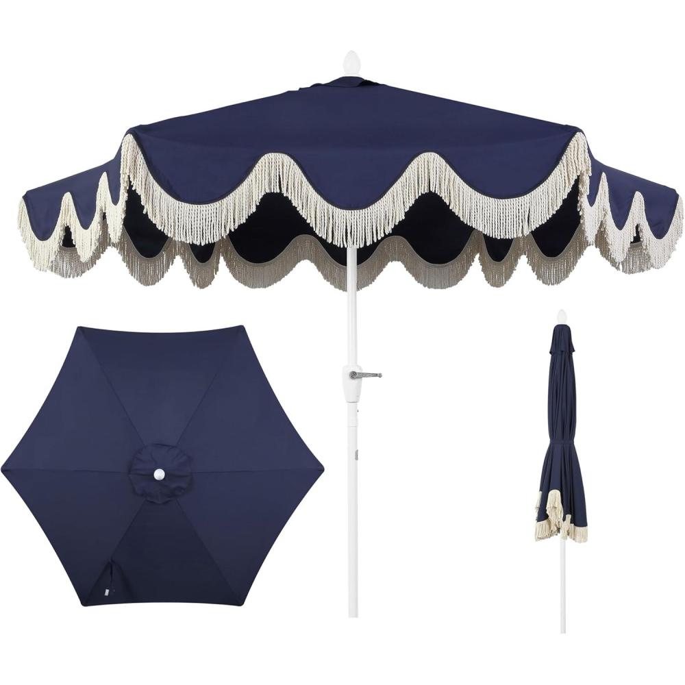 imageJONATHAN Y UMB1001 Collins 9 ft Classic Cottage Tassel Market Patio Umbrella with AutoTilt Crank Wind Vent and UV ProtectionNavy White Pole