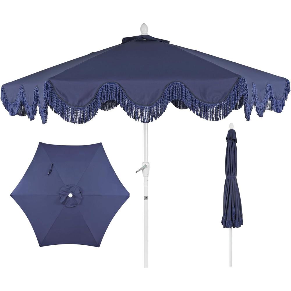 imageJONATHAN Y UMB1001 Collins 9 ft Classic Cottage Tassel Market Patio Umbrella with AutoTilt Crank Wind Vent and UV ProtectionNavyBlue